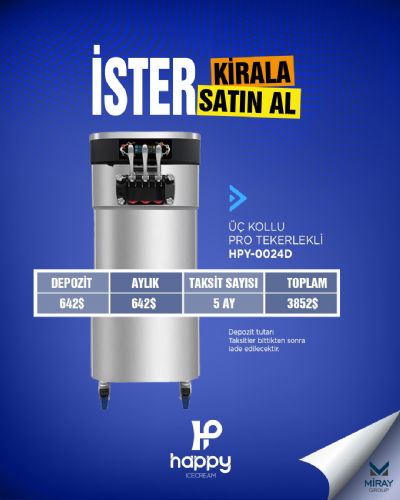 Üç Kollu HPY-0024D Pro Tekerlekli Dondurma Makinesi İster Kirala İster Satın Al